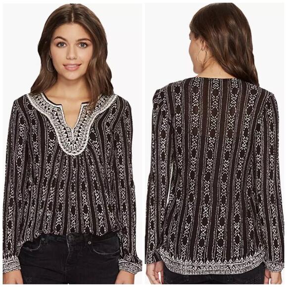 Lucky Brand Tops - Lucky Brand Womens size 2X Embroidered Beaded Linen Geometric Boho Blouse